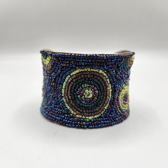 Seed Bead Peacock Toned Hammered Metal Bracelet Bangle Cuff 2" Adjusts to Fit - Picture 3 of 8